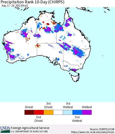 Australia Precipitation Rank since 1981, 10-Day (CHIRPS) Thematic Map For 8/11/2022 - 8/20/2022