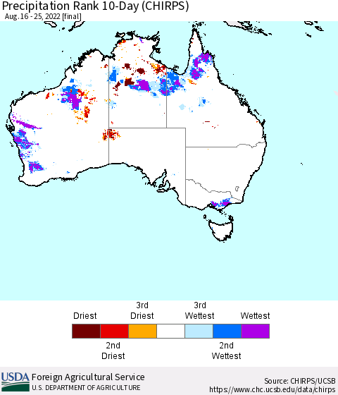 Australia Precipitation Rank since 1981, 10-Day (CHIRPS) Thematic Map For 8/16/2022 - 8/25/2022