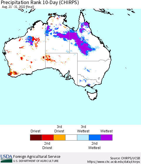 Australia Precipitation Rank since 1981, 10-Day (CHIRPS) Thematic Map For 8/21/2022 - 8/31/2022
