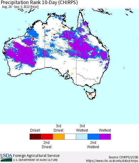 Australia Precipitation Rank since 1981, 10-Day (CHIRPS) Thematic Map For 8/26/2022 - 9/5/2022