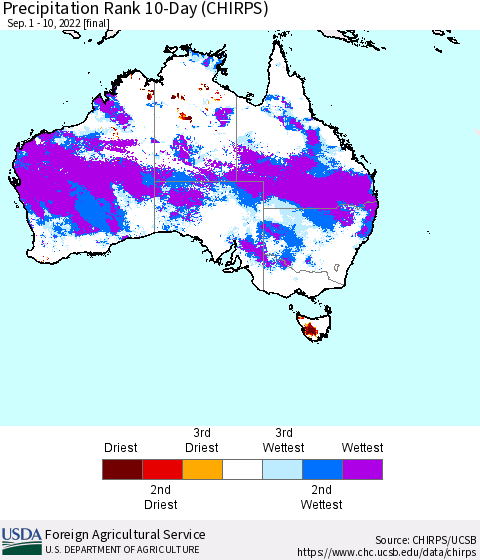 Australia Precipitation Rank since 1981, 10-Day (CHIRPS) Thematic Map For 9/1/2022 - 9/10/2022