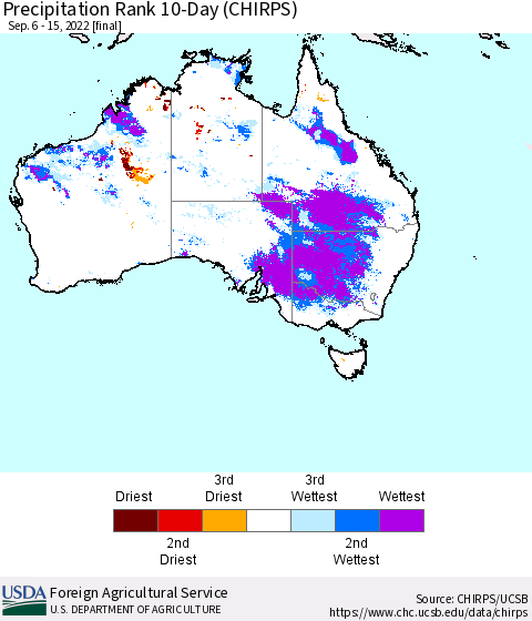 Australia Precipitation Rank since 1981, 10-Day (CHIRPS) Thematic Map For 9/6/2022 - 9/15/2022