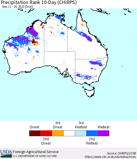 Australia Precipitation Rank since 1981, 10-Day (CHIRPS) Thematic Map For 9/11/2022 - 9/20/2022
