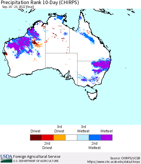 Australia Precipitation Rank since 1981, 10-Day (CHIRPS) Thematic Map For 9/16/2022 - 9/25/2022