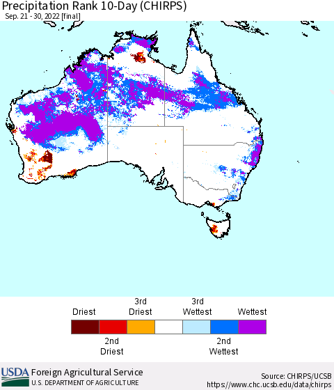 Australia Precipitation Rank since 1981, 10-Day (CHIRPS) Thematic Map For 9/21/2022 - 9/30/2022