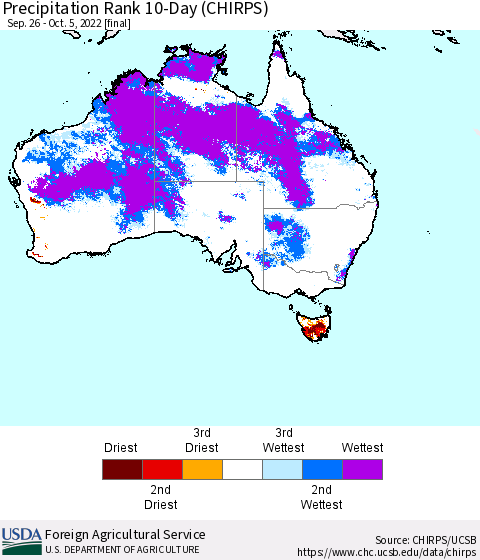 Australia Precipitation Rank since 1981, 10-Day (CHIRPS) Thematic Map For 9/26/2022 - 10/5/2022