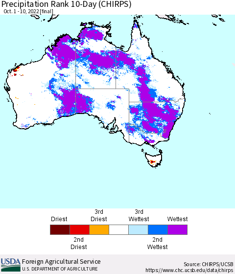 Australia Precipitation Rank since 1981, 10-Day (CHIRPS) Thematic Map For 10/1/2022 - 10/10/2022
