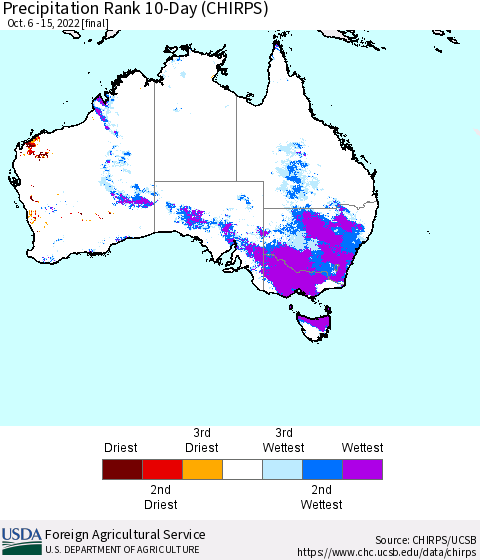 Australia Precipitation Rank since 1981, 10-Day (CHIRPS) Thematic Map For 10/6/2022 - 10/15/2022