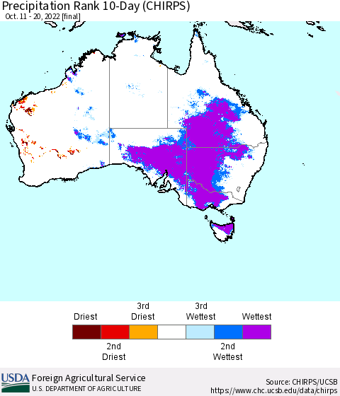 Australia Precipitation Rank since 1981, 10-Day (CHIRPS) Thematic Map For 10/11/2022 - 10/20/2022
