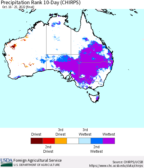Australia Precipitation Rank since 1981, 10-Day (CHIRPS) Thematic Map For 10/16/2022 - 10/25/2022