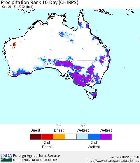 Australia Precipitation Rank since 1981, 10-Day (CHIRPS) Thematic Map For 10/21/2022 - 10/31/2022