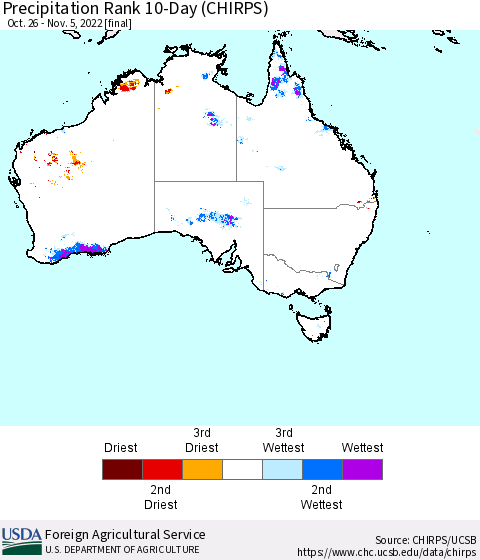 Australia Precipitation Rank since 1981, 10-Day (CHIRPS) Thematic Map For 10/26/2022 - 11/5/2022