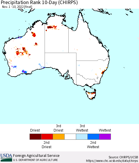 Australia Precipitation Rank since 1981, 10-Day (CHIRPS) Thematic Map For 11/1/2022 - 11/10/2022