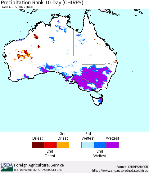 Australia Precipitation Rank since 1981, 10-Day (CHIRPS) Thematic Map For 11/6/2022 - 11/15/2022