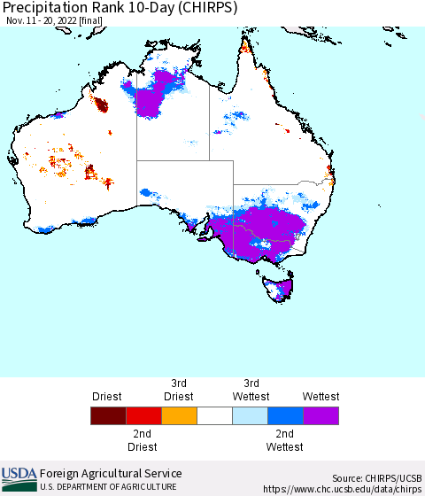 Australia Precipitation Rank since 1981, 10-Day (CHIRPS) Thematic Map For 11/11/2022 - 11/20/2022