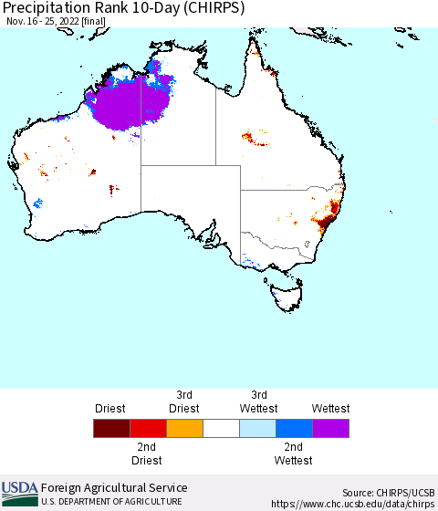 Australia Precipitation Rank since 1981, 10-Day (CHIRPS) Thematic Map For 11/16/2022 - 11/25/2022