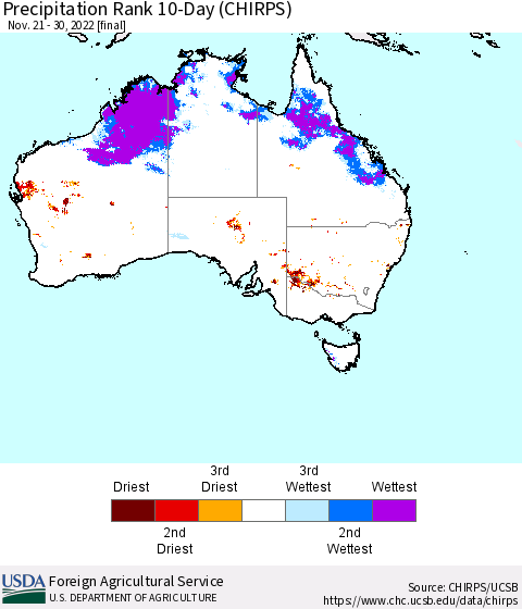 Australia Precipitation Rank since 1981, 10-Day (CHIRPS) Thematic Map For 11/21/2022 - 11/30/2022