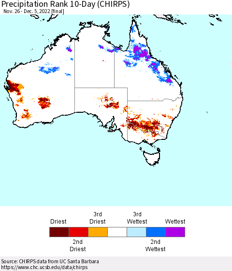 Australia Precipitation Rank since 1981, 10-Day (CHIRPS) Thematic Map For 11/26/2022 - 12/5/2022