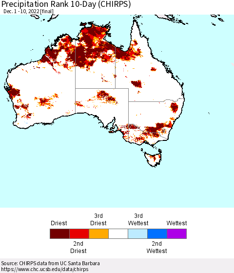 Australia Precipitation Rank since 1981, 10-Day (CHIRPS) Thematic Map For 12/1/2022 - 12/10/2022