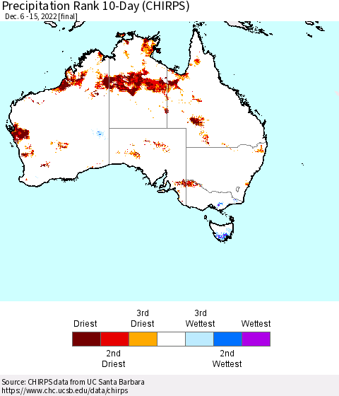 Australia Precipitation Rank since 1981, 10-Day (CHIRPS) Thematic Map For 12/6/2022 - 12/15/2022