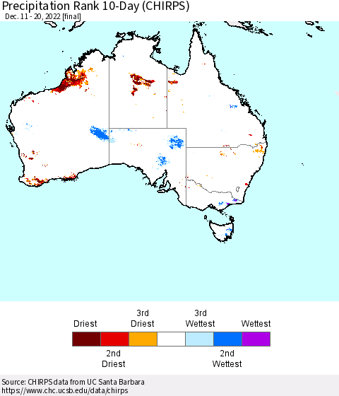 Australia Precipitation Rank since 1981, 10-Day (CHIRPS) Thematic Map For 12/11/2022 - 12/20/2022