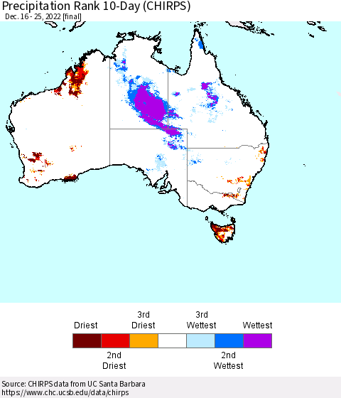 Australia Precipitation Rank since 1981, 10-Day (CHIRPS) Thematic Map For 12/16/2022 - 12/25/2022