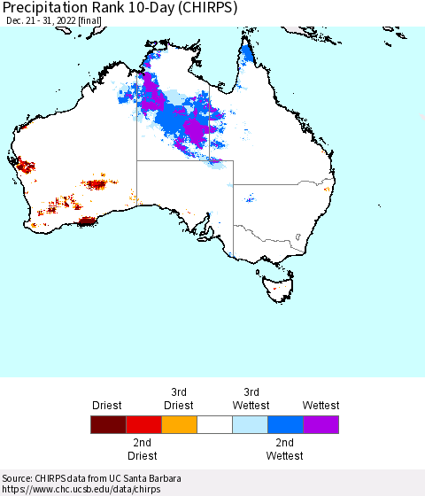 Australia Precipitation Rank since 1981, 10-Day (CHIRPS) Thematic Map For 12/21/2022 - 12/31/2022