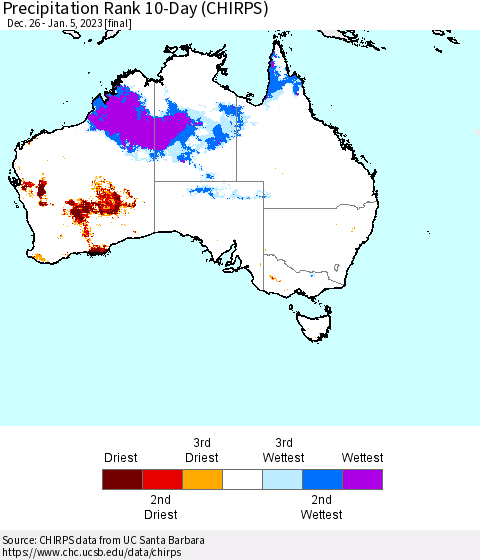 Australia Precipitation Rank since 1981, 10-Day (CHIRPS) Thematic Map For 12/26/2022 - 1/5/2023