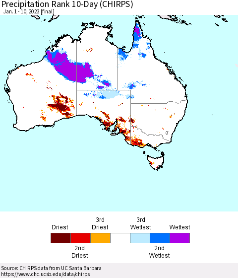 Australia Precipitation Rank since 1981, 10-Day (CHIRPS) Thematic Map For 1/1/2023 - 1/10/2023