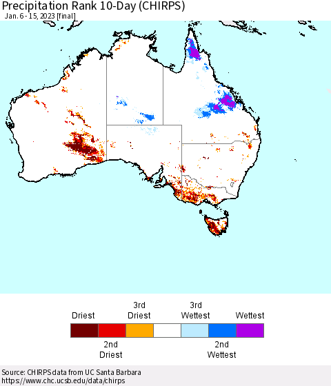 Australia Precipitation Rank since 1981, 10-Day (CHIRPS) Thematic Map For 1/6/2023 - 1/15/2023