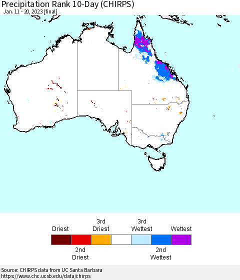Australia Precipitation Rank since 1981, 10-Day (CHIRPS) Thematic Map For 1/11/2023 - 1/20/2023
