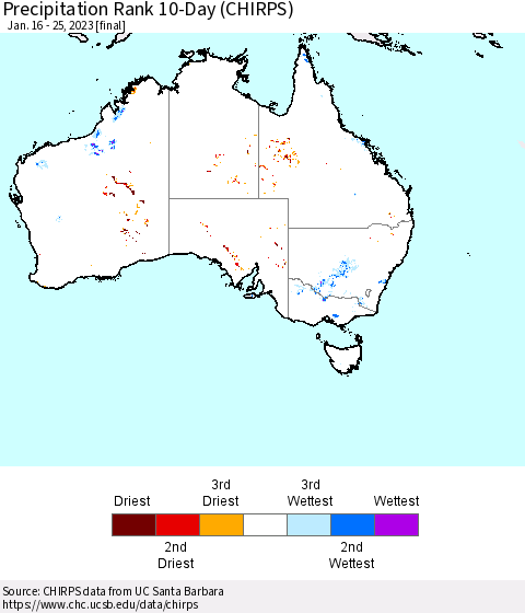 Australia Precipitation Rank since 1981, 10-Day (CHIRPS) Thematic Map For 1/16/2023 - 1/25/2023