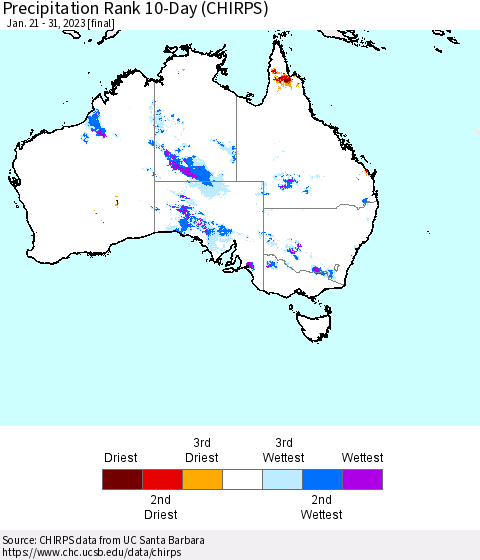 Australia Precipitation Rank since 1981, 10-Day (CHIRPS) Thematic Map For 1/21/2023 - 1/31/2023