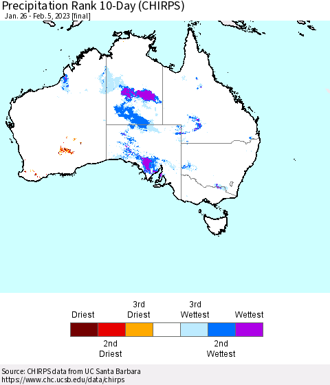 Australia Precipitation Rank since 1981, 10-Day (CHIRPS) Thematic Map For 1/26/2023 - 2/5/2023