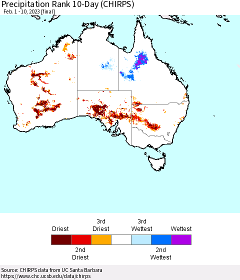 Australia Precipitation Rank since 1981, 10-Day (CHIRPS) Thematic Map For 2/1/2023 - 2/10/2023