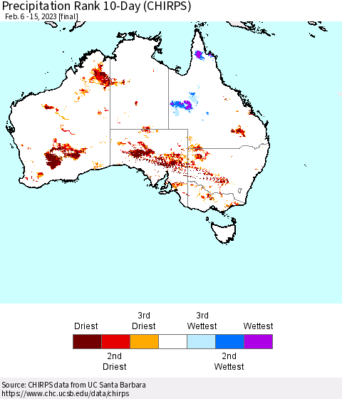 Australia Precipitation Rank since 1981, 10-Day (CHIRPS) Thematic Map For 2/6/2023 - 2/15/2023
