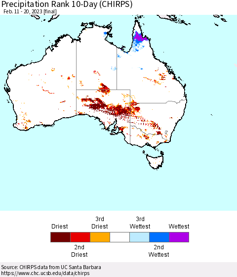 Australia Precipitation Rank since 1981, 10-Day (CHIRPS) Thematic Map For 2/11/2023 - 2/20/2023