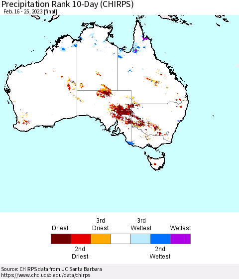 Australia Precipitation Rank since 1981, 10-Day (CHIRPS) Thematic Map For 2/16/2023 - 2/25/2023