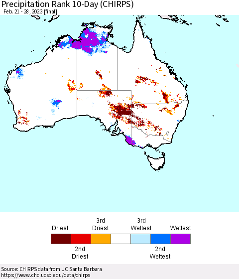 Australia Precipitation Rank since 1981, 10-Day (CHIRPS) Thematic Map For 2/21/2023 - 2/28/2023
