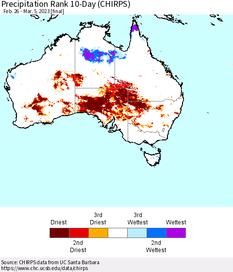 Australia Precipitation Rank since 1981, 10-Day (CHIRPS) Thematic Map For 2/26/2023 - 3/5/2023