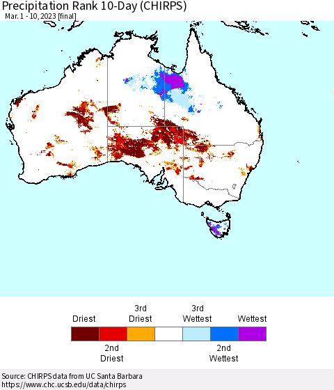 Australia Precipitation Rank since 1981, 10-Day (CHIRPS) Thematic Map For 3/1/2023 - 3/10/2023
