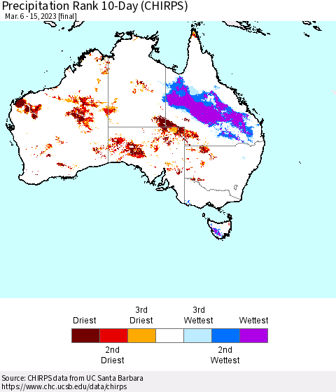 Australia Precipitation Rank since 1981, 10-Day (CHIRPS) Thematic Map For 3/6/2023 - 3/15/2023