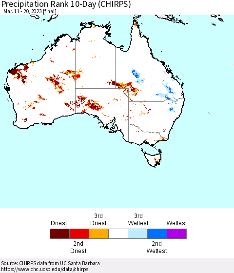 Australia Precipitation Rank since 1981, 10-Day (CHIRPS) Thematic Map For 3/11/2023 - 3/20/2023