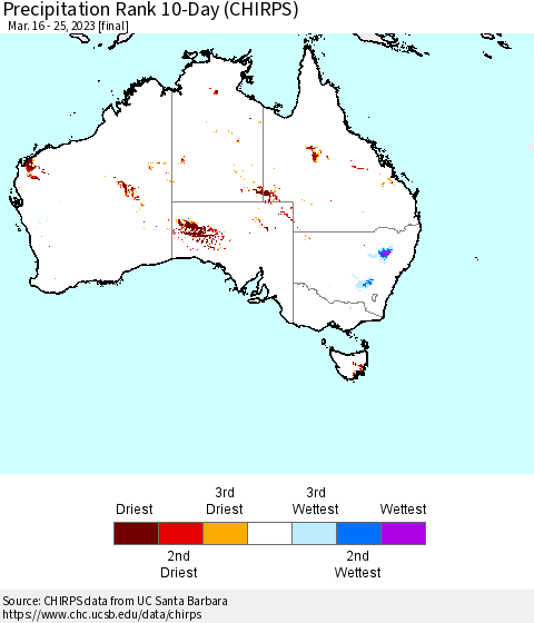 Australia Precipitation Rank since 1981, 10-Day (CHIRPS) Thematic Map For 3/16/2023 - 3/25/2023