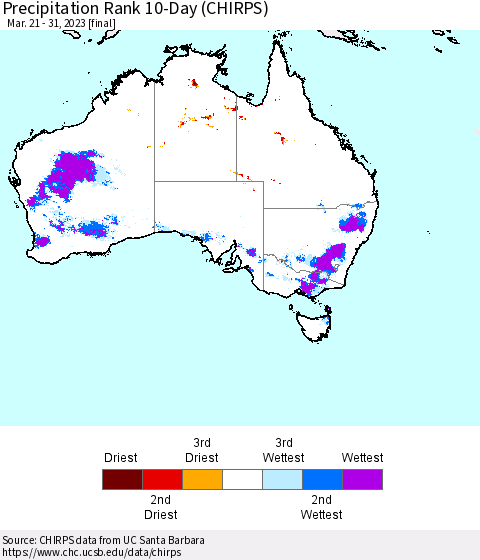Australia Precipitation Rank since 1981, 10-Day (CHIRPS) Thematic Map For 3/21/2023 - 3/31/2023
