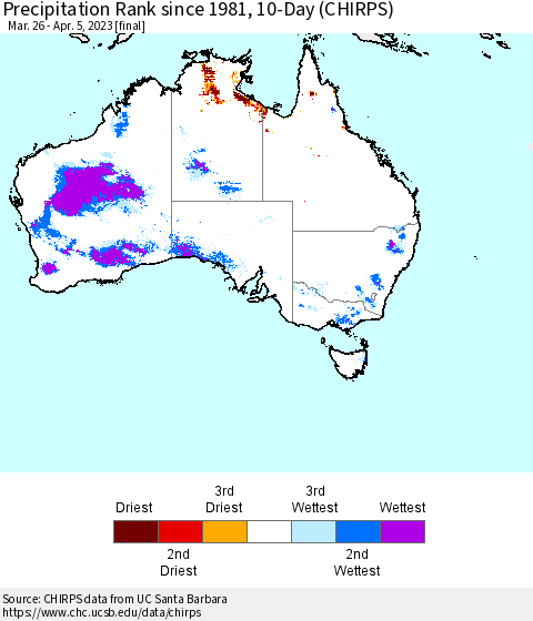Australia Precipitation Rank since 1981, 10-Day (CHIRPS) Thematic Map For 3/26/2023 - 4/5/2023