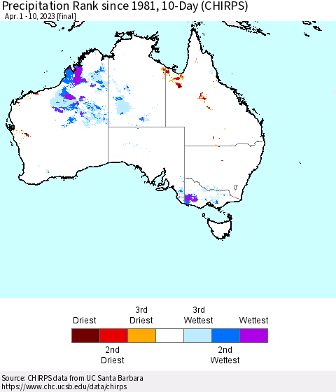 Australia Precipitation Rank since 1981, 10-Day (CHIRPS) Thematic Map For 4/1/2023 - 4/10/2023