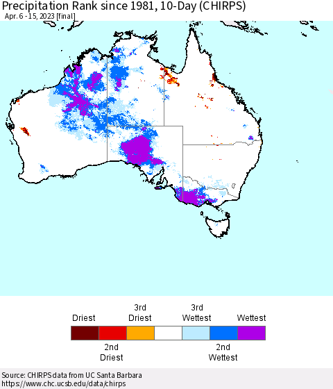 Australia Precipitation Rank since 1981, 10-Day (CHIRPS) Thematic Map For 4/6/2023 - 4/15/2023