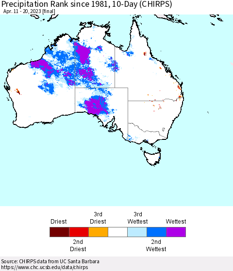 Australia Precipitation Rank since 1981, 10-Day (CHIRPS) Thematic Map For 4/11/2023 - 4/20/2023