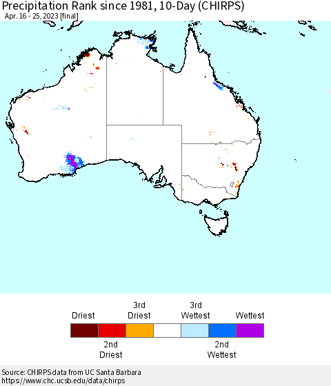 Australia Precipitation Rank since 1981, 10-Day (CHIRPS) Thematic Map For 4/16/2023 - 4/25/2023